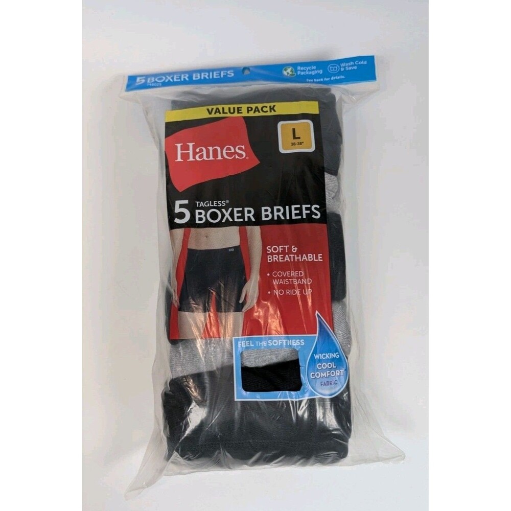 Hanes Mens Boxer Briefs 5 Pack Large 36-38 Tagless Cool Comfort Moisture Wicking